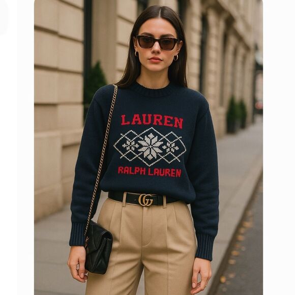 Lauren Ralph Lauren Sweaters - Vintage Y2K Ralph Lauren Navy Blue Crewneck Sweater Sz Medium Snowflake Cotton